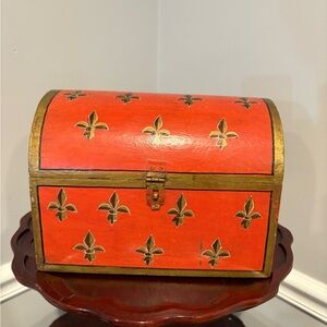 Vintage hand painted dome top wooden trinket box Fleur De Lis